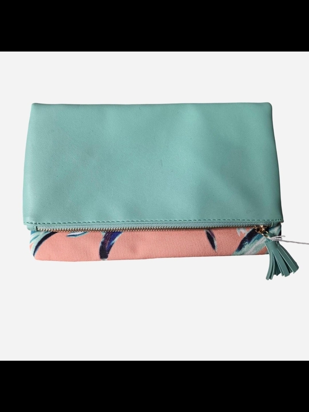 Rachel Pally Aqua Fold-Over Clutch with Coral Accent and Tassel